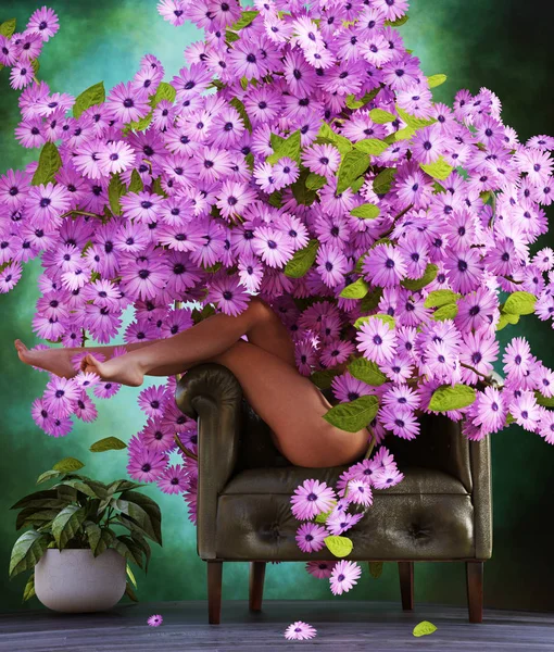 Que Florezca Mujer Llena Flores Renderizado — Foto de Stock