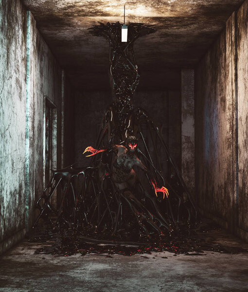 Страшные монстры в заброшенном здании, 3d иллюстрация
