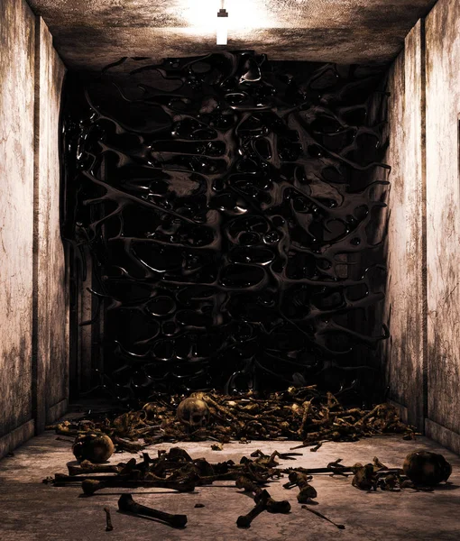 Death slimes,pile of bones in abandoned house,3d rendering