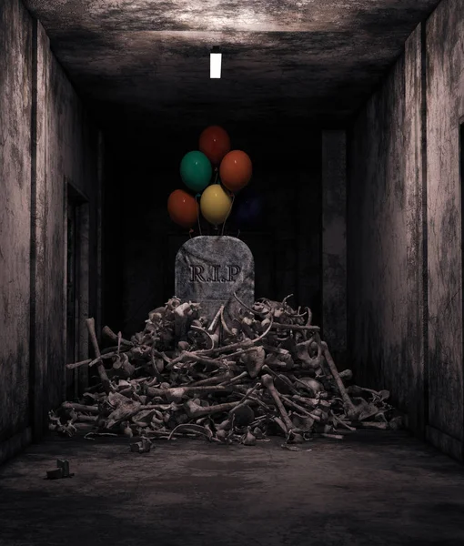 Rip Room Pilha Ossos Com Pedra Grave Balões Casa Abandonada — Fotografia de Stock