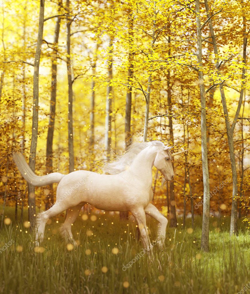 Blanco unicornio en bosque mágico, Ilustración de fantasía 3d 2023