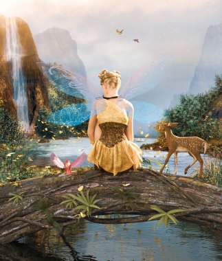 3D fantastik efsanevi orman, kitap kapağı için 3d çizim veya kitap Illustration küçük peri