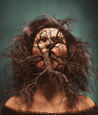 Death bush,Ghost woman with bush or dead tree in her mouth,3d illustration clipart