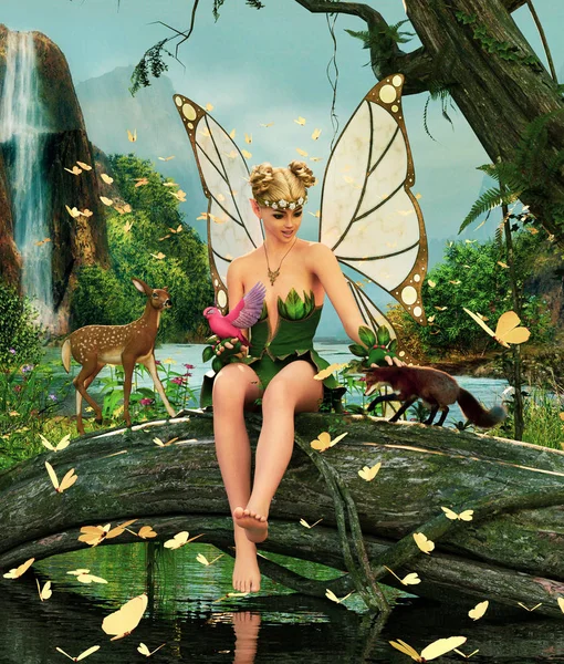のファンタジー神話の森 本のカバーの イラストや挿絵で小さな妖精 — ストック写真