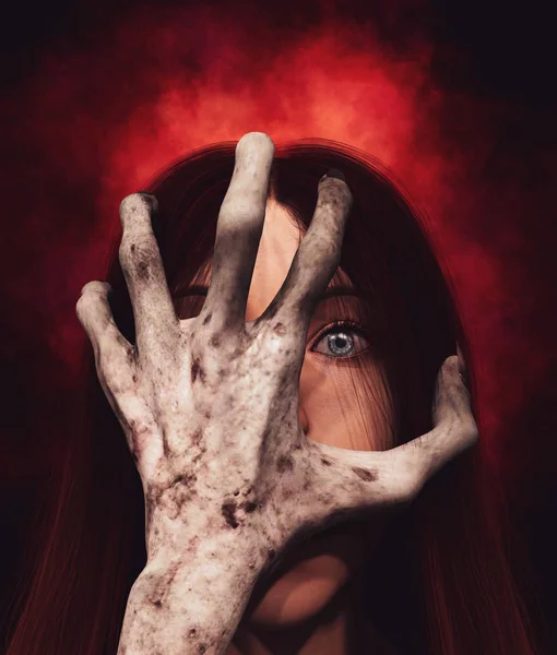 Portrait Woman Being Threaten Hands Devil Illustration — Stock Photo, Image