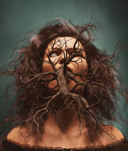 Death Bush Ghost Woman Bush Dead Tree Her Mouth Illustration — Stock Photo, Image