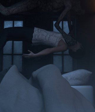 Gece cadı, folklor hikaye, felç, ziyaret olmak kız uyku ile Teenage Kız ya da bir şeytani tarafından 3d render immobilizes