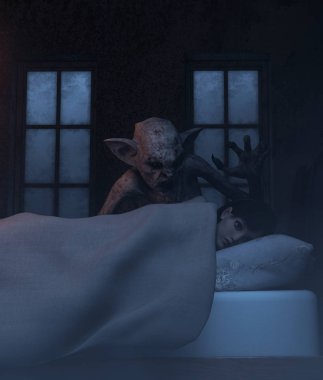 Gece cadı, folklor hikaye, felç, ziyaret olmak kız uyku ile Teenage Kız ya da bir şeytani tarafından 3d render immobilizes