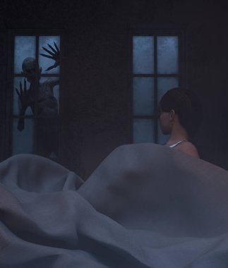 Gece cadı, folklor hikaye, felç, ziyaret olmak kız uyku ile Teenage Kız ya da bir şeytani tarafından 3d render immobilizes
