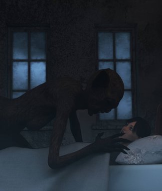 Gece cadı, folklor hikaye, felç, ziyaret olmak kız uyku ile Teenage Kız ya da bir şeytani tarafından 3d render immobilizes