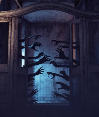 Bin evi eller, perili bir evde, 3d render kapılar ardında Undead eller