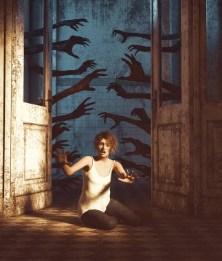 Bin evi eller, perili evde, 3d render kız haunting kapılar ardında Undead eller