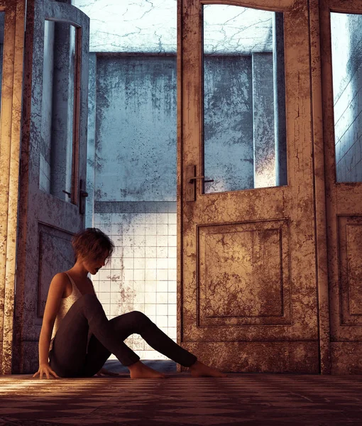 女孩迷失在废弃的建筑中3D — 图库照片