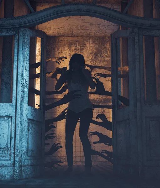 Будинок Тисячею Рук Бездіяльні Руки Дверима Переслідують Дівчину Будинку Привидами — стокове фото