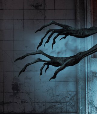 Dışarı Evil el perili ev, 3d render kapılardan