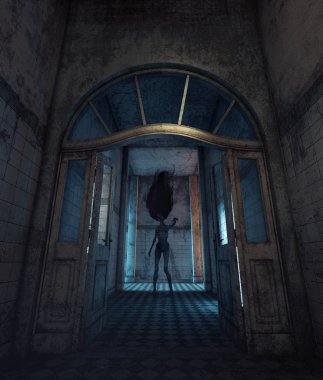 House, onu home.3d illüstrasyon başka hiçbir yerde gitmek asla hayalet kadın undead 