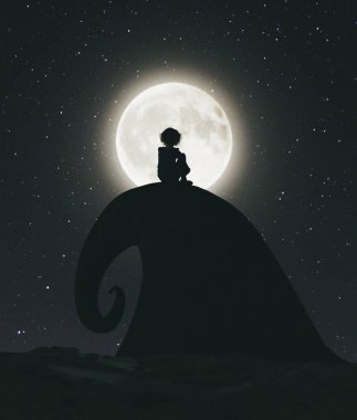 Lonely girl sitting alone on the cliff and looking to the moon,3d rendering clipart
