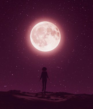 Kız için ay yıldızlı gece, 3d render yürüyüş
