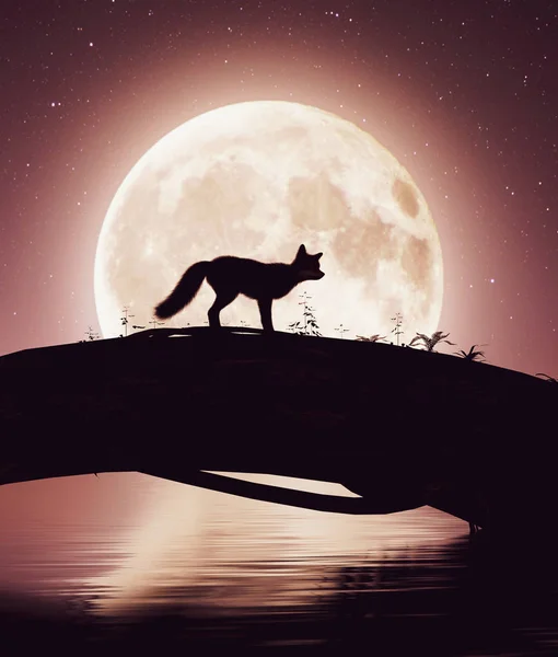 Kleiner Fuchs Überquert Einen Fluss Auf Einem Baumstamm Mondlicht Darstellung — Stockfoto