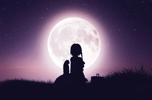Dziewczyna Kotem Klifie Patrząc Księżyc Renderowania — Zdjęcie stockowe