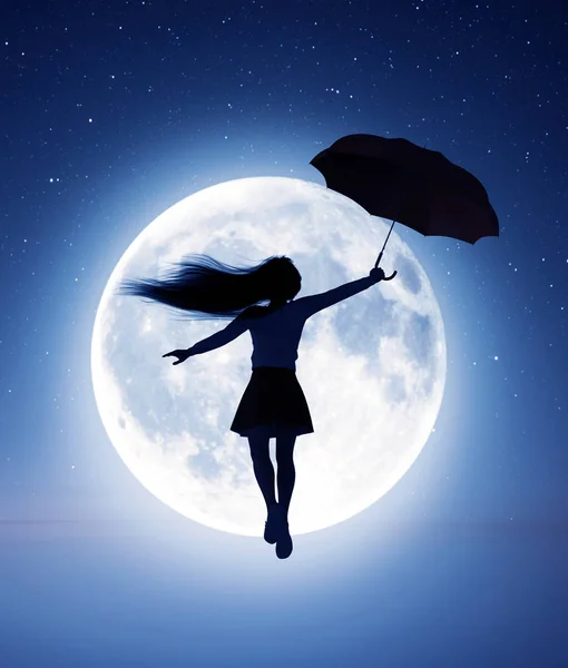 Chica Volando Con Paraguas Luna Representación — Foto de Stock