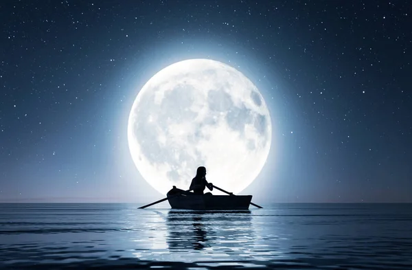 レンダリング 月明かりの下で海に漕ぎボートの女の子 — ストック写真