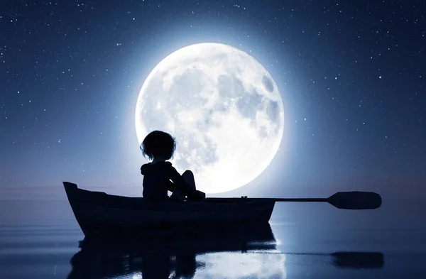 レンダリング 月明かりの下で海に漕ぎボートの女の子 — ストック写真