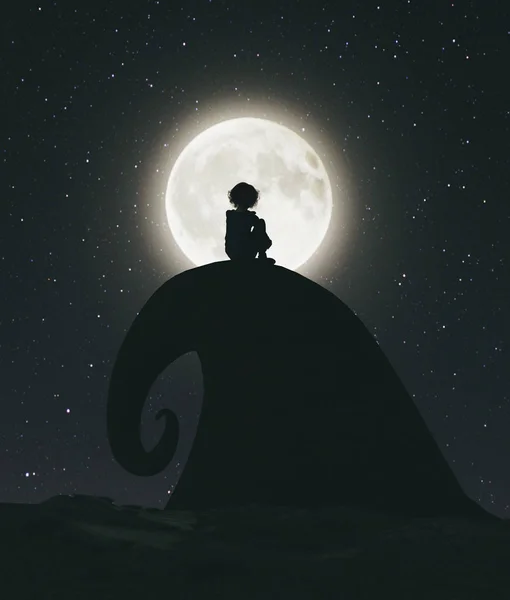 孤独的女孩独自坐在悬崖上 看着月光下的3D — 图库照片