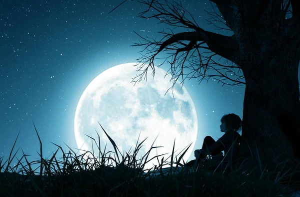 Lonely Girl Sitting Alone Tree Looking Moon Rendering — стоковое фото
