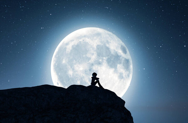 Lonely girl sitting alone on the cliff and looking to the moon,3d rendering