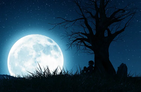 孤独的女孩独自坐在树下 看着月光下的3D — 图库照片