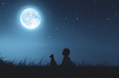 Köpeğini aya, 3d render seyir çim sahada oturan kızla