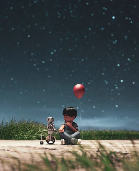 Хлопчик з роботом у парку в зоряну ніч концептуальний фон — стокове фото