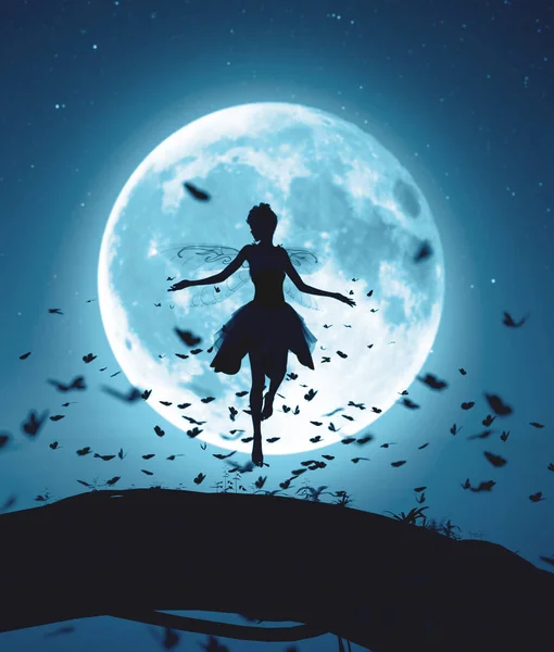 魔法の夜を飛んでいる妖精の 3 d レンダリング — ストック写真