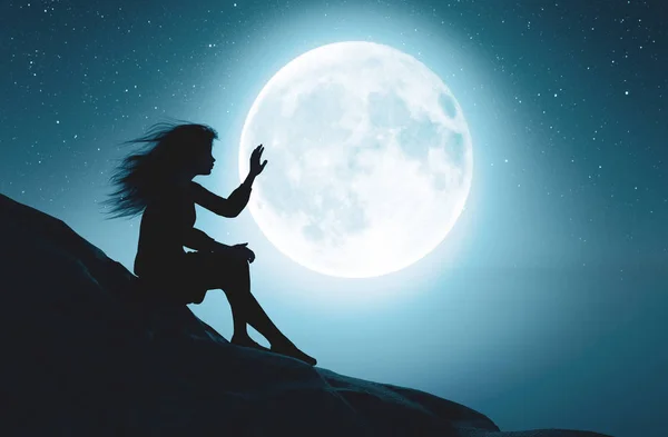 Sozinha menina tocando a lua na noite estrelada, 3d renderização — Fotografia de Stock