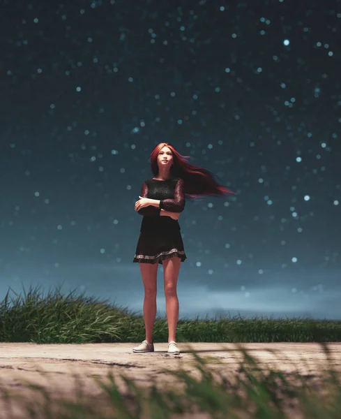 Девушка идет одна в звездную ночь, 3d рендеринг — стоковое фото