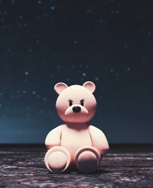 Плюшевий ведмідь сидить на вулиці вночі 3d рендеринг — стокове фото
