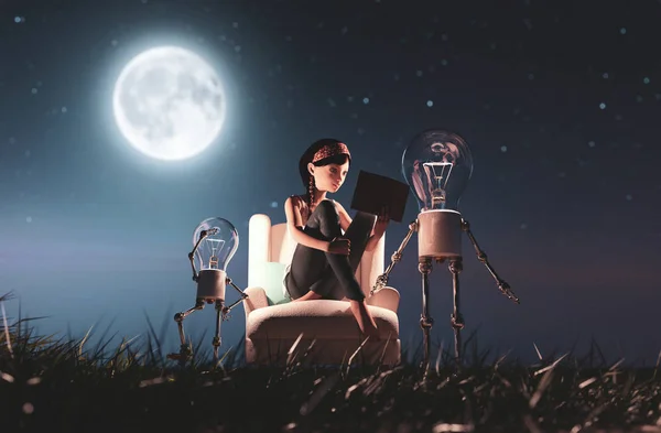 Glühbirnen-Roboter gibt dem Mädchen, das ein Buch liest, ein Licht — Stockfoto