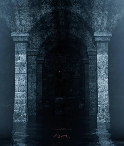 Creatura mostro nascosto in una vecchia cripta che piena d'acqua — Foto Stock