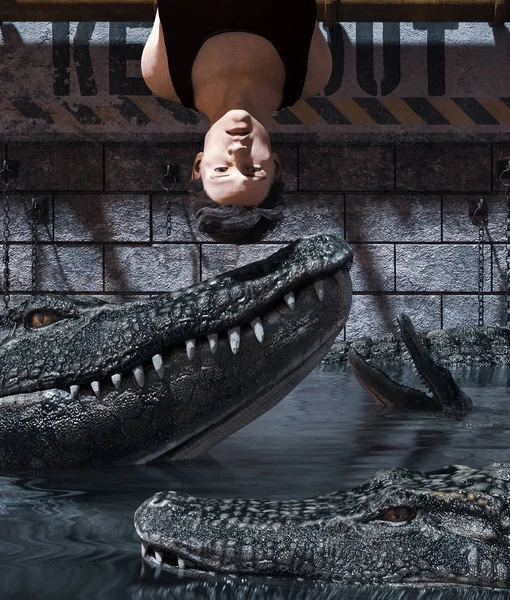 Pray to be prey,Man being tied up in  Alligator's tank — Stock Photo, Image