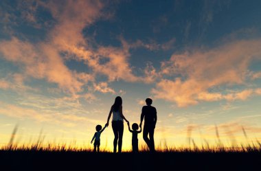 Gün batımında birlikte yürüyen aile,3d render