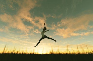 Gün batımında atlayan kadın, 3D görüntüleme