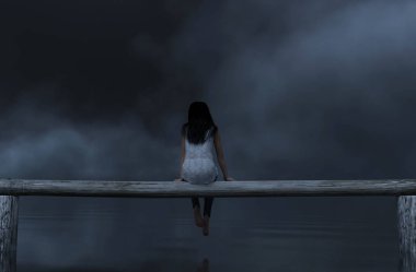 Woman sitting on wooden fence in the dark,3d rendering clipart