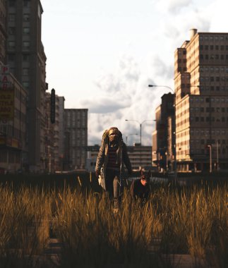 Backpacker terk edilmiş şehirde köpeği ile yürüyüş, 3d render