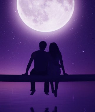 Ay ışığına karşı ahşap çit üzerinde oturan çift, 3d render