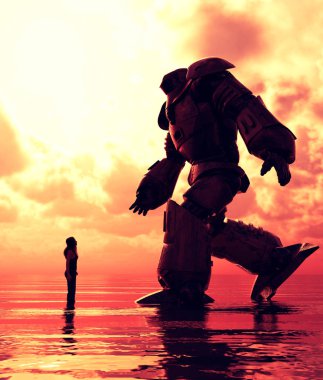Dev bir robota bakan denizde duran kız
