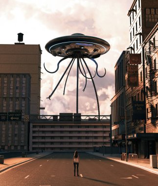 Terk edilmiş şehirde Ufo tabağına bakan kız,3d render