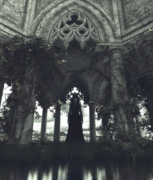 Ghost woman standing in gothic carved stone building,3d rendering — Stock Photo, Image