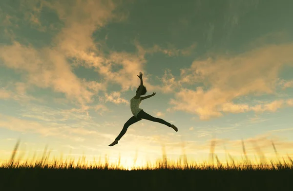 Женщина прыгает на закате, 3D рендеринг — стоковое фото