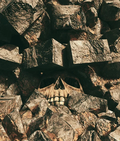 Tengkorak manusia di bawah reruntuhan, 3d rendering — Stok Foto